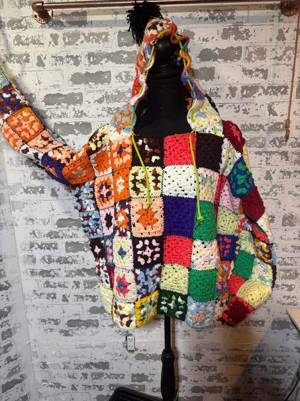 Handmade Multi-Color Granny Square Crochet Hooded Cardigan